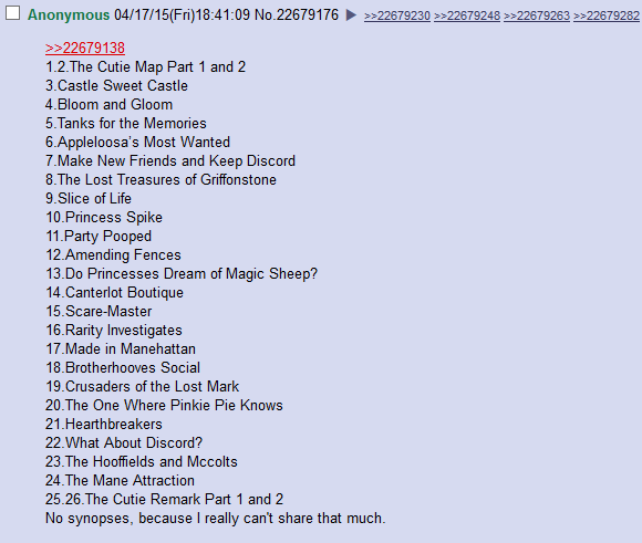 Size: 580x491 | Tagged: amending fences, appleoosa's most wanted, bloom and gloom, brotherhooves social, canterlot boutique, castle sweet castle, confirmed legit, crusaders of the lost mark, derpibooru import, do princesses dream of magic sheep, episode list, hearthbreakers, legit, list, made in manehattan, make new friends but keep discord, /mlp/, party pooped, pony history, princess spike (episode), rarity investigates, safe, scare master, season 5, slice of life (episode), spoiler:s05, tanks for the memories, text, text only, the cutie map, the cutie re-mark, the hooffields and mccolts, the lost treasure of griffonstone, the mane attraction, the one where pinkie pie knows, what about discord?