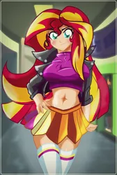 Size: 1374x2048 | Tagged: suggestive, artist:ruhisu, derpibooru import, sunset shimmer, human, equestria girls, belly button, breasts, busty sunset shimmer, clothes, female, humanized, light skin, long hair, midriff, sexy, short skirt, skirt, solo, solo female
