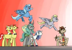 Size: 1000x700 | Tagged: safe, artist:graiant, derpibooru import, derpy hooves, doctor whooves, flam, flim, queen chrysalis, shining armor, time turner, trixie, alicorn, pony, ask mirror whooves, bright eyes (mirror universe), female, fourth doctor, male, mirror universe, race swap, reversalis, shining chrysalis, shipping, straight, tom baker, trixiecorn