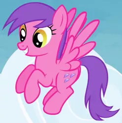 Size: 423x427 | Tagged: safe, derpibooru import, screencap, fuchsia gems, pegasus, pony, rainbow falls, background pony, cropped, female, flying, grin, mare, smiling, solo