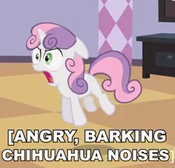 Size: 313x301 | Tagged: barking, behaving like a dog, caption, derpibooru import, descriptive noise, image macro, meme, safe, sweetie belle