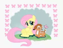 Size: 2508x1900 | Tagged: artist:antoyuju, bambi, blushing, butterfly, crossover, cuddling, cute, daaaaaaaaaaaw, derpibooru import, fluttershy, grin, happy, prone, safe, shadow, shyabetes, smiling