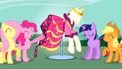 Size: 1366x768 | Tagged: safe, derpibooru import, screencap, applejack, fluttershy, pinkie pie, twilight sparkle, unicorn, suited for success, clothes, digit street, dress, gala dress, unicorn twilight