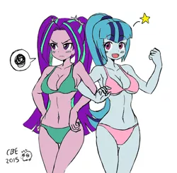 Size: 1044x1024 | Tagged: suggestive, artist:crimsonbugeye, derpibooru import, aria blaze, sonata dusk, equestria girls, arisona, belly button, bikini, breasts, busty aria blaze, busty sonata dusk, cleavage, clothes, female, grumpy, lesbian, midriff, sketch, swimsuit