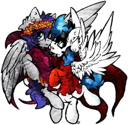 Size: 701x686 | Tagged: safe, artist:iroxykun, derpibooru import, oc, oc:frozen soul, oc:sweater weather, unofficial characters only, pegasus, pony, clothes, floral head wreath, flying, gay, god tier, hero of heart, hero of time, homestuck, male, oc x oc, page of time, stallion, thief of heart, wings