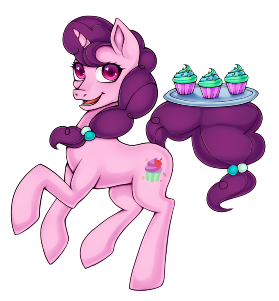 Size: 716x774 | Tagged: artist:stalkerpony, cupcake, derpibooru import, prehensile tail, safe, simple background, solo, sugar belle, tail hold, the cutie map, transparent background