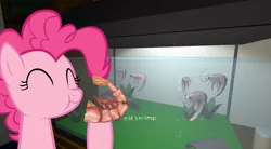 Size: 1740x960 | Tagged: safe, derpibooru import, pinkie pie, pony, shrimp, eyes closed, female, mare, ponies eating meat, ponies eating seafood, predation, solo, the static speaks my name, this will end in tears and/or death
