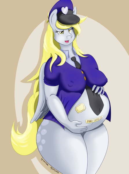 Size: 952x1280 | Tagged: anthro, artist:symplefable, belly, clothes, derpibooru import, derpy hooves, female, mailmare, mailpony, pregnant, questionable, solo, solo female