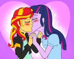 Size: 973x781 | Tagged: safe, artist:catlover1672, derpibooru import, sunset shimmer, twilight sparkle, twilight sparkle (alicorn), equestria girls, rainbow rocks, blushing, bowtie, clothes, eyes closed, female, heart, holding hands, jacket, kissing, leather jacket, lesbian, purple background, shipping, simple background, sunsetsparkle