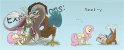 Size: 1700x695 | Tagged: safe, artist:celestiathegreatest, derpibooru import, discord, fluttershy, draconequus, pegasus, pony, ..., duo, expectation vs reality, fangs, floppy ears, open mouth, tail wag, tongue out