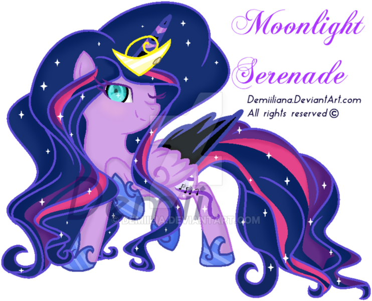 Size: 800x647 | Tagged: dead source, safe, artist:demiilia, derpibooru import, oc, oc:moonlight serenade, unofficial characters only, alicorn, pony, alicorn oc, big mane, deviantart watermark, donut steel, horseshoes, magical lesbian spawn, obtrusive watermark, offspring, one eye closed, one hoof raised, parent:nightmare moon, parent:twilight sparkle, parents:twimoon, raised hoof, simple background, solo, starry mane, transparent background, watermark