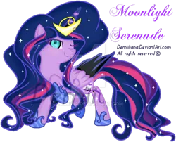 Size: 800x647 | Tagged: dead source, safe, artist:demiilia, derpibooru import, oc, oc:moonlight serenade, unofficial characters only, alicorn, pony, alicorn oc, big mane, deviantart watermark, donut steel, horseshoes, magical lesbian spawn, obtrusive watermark, offspring, one eye closed, one hoof raised, parent:nightmare moon, parent:twilight sparkle, parents:twimoon, raised hoof, simple background, solo, starry mane, transparent background, watermark