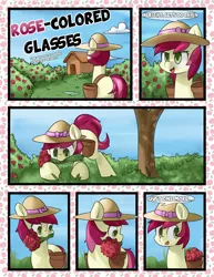 Size: 1932x2500 | Tagged: artist:marble-soda, comic, comic:rose-colored glasses, derpibooru import, flower, garden, ponytails, rose, roseluck, safe