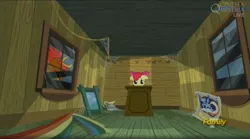 Size: 1663x924 | Tagged: abandoned, apple bloom, bloom and gloom, clubhouse, crusaders clubhouse, derpibooru import, discovery family logo, floppy ears, frown, giant cock, rainbow dash poster, rooster, safe, scared, screencap, solo, spider web