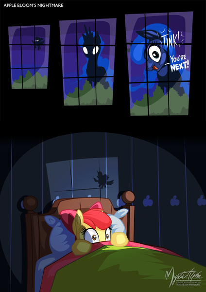 Size: 955x1351 | Tagged: adoracreepy, against glass, apple bloom, artist:mysticalpha, bed, bloom and gloom, comic, creepy, cute, derpibooru import, glowing eyes, night, open mouth, princess luna, safe, scared, scene parody, shadow, silhouette, smiling, that was fast, wide eyes, window