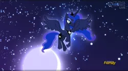 Size: 1664x917 | Tagged: beautiful, bloom and gloom, cinemaquestria, derpibooru import, dramatic entrance, dream walker luna, glow, moon, night, princess luna, safe, screencap, stars