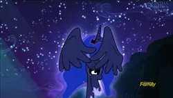 Size: 1920x1080 | Tagged: safe, derpibooru import, screencap, princess luna, alicorn, pony, bloom and gloom, beautiful, cinemaquestria, discovery family logo, dream walker luna, glow, majestic, night, peekaboo, solo, stars