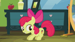 Size: 500x281 | Tagged: safe, derpibooru import, screencap, apple bloom, earth pony, pony, bloom and gloom, alternate cutie mark, animated, apple, cutie mark, discovery family, discovery family logo, food, inception, one eye closed, scared, solo, wink