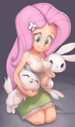 Size: 591x1000 | Tagged: adorasexy, angel bunny, artist:conoghi, breasts, busty fluttershy, cat, cute, derpibooru import, equestria girls outfit, female, fluttershy, human, humanized, mitsy, pixiv, sexy, solo, solo female, suggestive