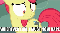 Size: 1920x1080 | Tagged: apple bloom, bloom and gloom, caption, cutie mark, derphin, derpibooru import, derpy fins, dolphin, edit, edited screencap, frown, image macro, implied rape, meme, screencap, semi-grimdark, solo, suggestive, wide eyes