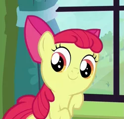 Size: 625x600 | Tagged: safe, derpibooru import, screencap, apple bloom, earth pony, pony, bloom and gloom, adorabloom, bow, cute, faic, female, filly, hair bow, looking back, raised hoof, smiling, solo