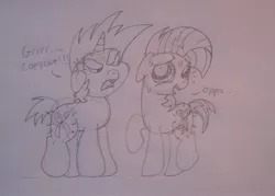 Size: 2140x1534 | Tagged: angry, annoyed, babs seed, bloom and gloom, copycat, cutie mark, derpibooru import, safe, scissors, snips, sweat, this will end in tears, traditional art, worried