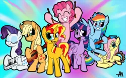 Size: 1024x632 | Tagged: alternate mane seven, applejack, artist:bananimationofficial, band, derpibooru import, drumsticks, fluttershy, guitar, jam session, keyboard, keytar, mane six, musical instrument, pinkie pie, rainbow dash, rarity, safe, sunset shimmer, tambourine, twilight sparkle, twilight sparkle (alicorn)