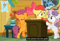 Size: 684x471 | Tagged: apple bloom, bloom and gloom, clubhouse, crusaders clubhouse, cutie mark crusaders, derpibooru import, meme, rainbow dash, rainbow dash poster, safe, scootaloo, screencap, sweetie belle, youtube caption