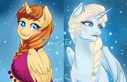 Size: 1024x664 | Tagged: safe, artist:kikuri-tan, deleted from derpibooru, derpibooru import, ponified, alicorn, pony, anna, braid, clothes, duo, elsa, female, freckles, frozen (movie), mare, siblings