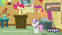 Size: 1280x715 | Tagged: safe, derpibooru import, edit, edited screencap, screencap, apple bloom, princess luna, scootaloo, sweetie belle, earth pony, pegasus, pony, unicorn, bloom and gloom, balloon rainbow dash, cutie mark crusaders, female, filly, foal, logo, nyan dash, rainbow dash poster, skype, trio