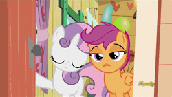 Size: 568x320 | Tagged: animated, bloom and gloom, derpibooru import, disdain, safe, scootaloo, scootaloo is not amused, screencap, sweetie belle, unamused