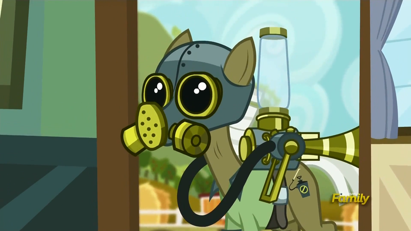 Size: 1920x1080 | Tagged: safe, derpibooru import, screencap, max raid, earth pony, pony, bloom and gloom, gas mask, male, pest control pony, solo, stallion