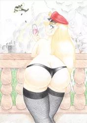 Size: 4932x6984 | Tagged: absurd resolution, artist:subscrewedup, ass, balcony, blonde, bomb, bomber, buttcrack, city, clothes, curvy, derpibooru import, destruction, evil grin, explosion, female, fire, fishnets, forest, hat, hips, human, humanized, humanized oc, leaning, looking at you, looking back, luftwaffe, nudity, oc, oc:aryanne, outdoors, panties, plane, plump, ruins, seductive, slip, smiling, smoke, solo, solo female, stockings, suggestive, team captain, topless, traditional art, underwear, unofficial characters only, wine, wine glass