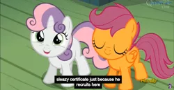 Size: 1600x830 | Tagged: bloom and gloom, derpibooru import, meme, safe, scootaloo, screencap, sweetie belle, youtube caption