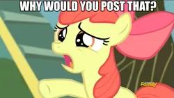 Size: 873x492 | Tagged: apple bloom, bloom and gloom, caption, derpibooru import, image macro, meme, reaction image, safe, screencap, solo, why would you post that