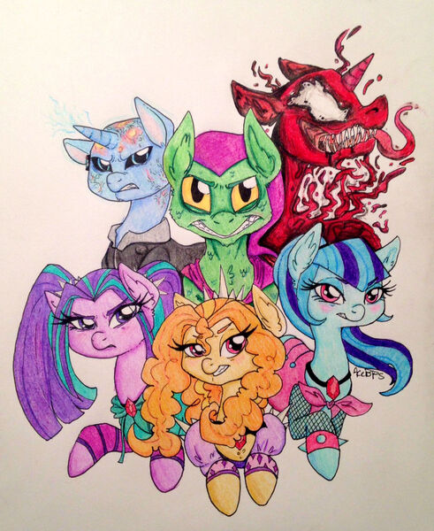 Size: 942x1150 | Tagged: adagio dazzle, aria blaze, artist:ameliacostanza, carnage, cletus kasady, crossover, derpibooru import, electro, green goblin, max dillon, norman osborn, safe, sinister six, sonata dusk, spider-man, spiders and magic ii: eleven months, spiders and magic iii: days of friendship past, spiders and magic iv: the fall of spider-mane, spiders and magic: rise of spider-mane, symbiote, the dazzlings, traditional art