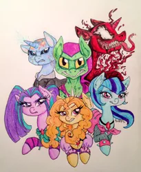 Size: 942x1150 | Tagged: adagio dazzle, aria blaze, artist:ameliacostanza, carnage, cletus kasady, crossover, derpibooru import, electro, green goblin, max dillon, norman osborn, safe, sinister six, sonata dusk, spider-man, spiders and magic ii: eleven months, spiders and magic iii: days of friendship past, spiders and magic iv: the fall of spider-mane, spiders and magic: rise of spider-mane, symbiote, the dazzlings, traditional art