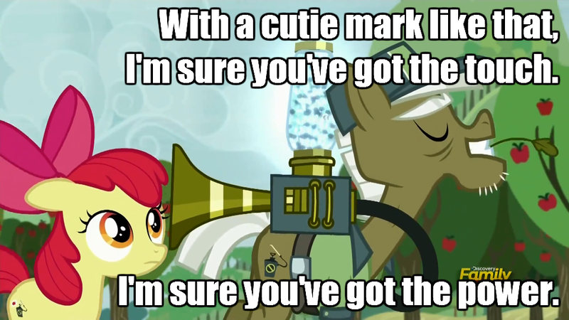 Size: 960x540 | Tagged: safe, derpibooru import, edit, edited screencap, screencap, apple bloom, max raid, earth pony, pony, bloom and gloom, cropped, cutie mark, duo, female, filly, foal, image macro, male, meme, pest control gear, pest control pony, pest pony, stallion, stan bush, the touch