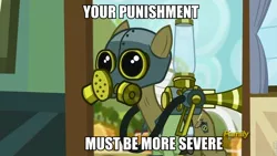 Size: 960x540 | Tagged: safe, derpibooru import, edit, edited screencap, screencap, max raid, earth pony, pony, bloom and gloom, bane, baneposting, cropped, discovery family, discovery family logo, mask, pest control gear, pest control pony, roflbot, solo, the dark knight rises