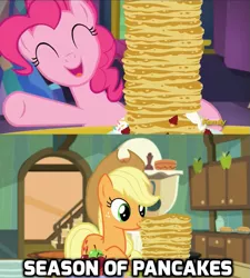 Size: 633x702 | Tagged: applejack, bloom and gloom, caption, castle sweet castle, derpibooru import, edit, image macro, pancakes, pinkie pie, safe, screencap