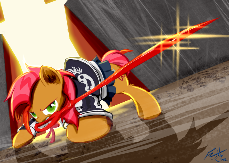 Size: 1232x880 | Tagged: safe, artist:frist44, derpibooru import, babs seed, pony, bloom and gloom, antagonist, clothes, crossover, cutie mark, female, kill la kill, mouth hold, obari pose, ryuko matoi, scissor blade, scissors, solo, that was fast