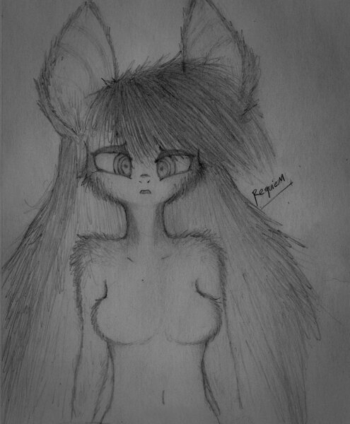 Size: 1024x1242 | Tagged: anthro, artist:metalliclenneth, belly button, derpibooru import, drawing, fluffy, grayscale, long mane, monochrome, oc, oc:lenna, safe, solo, traditional art, unofficial characters only