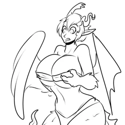 Size: 1000x1000 | Tagged: artist:sterks, big breasts, bra, breasts, clothes, derpibooru import, female, monochrome, nudity, oc, oc:kaos, parent:discord, satyr, solo, solo female, suggestive, underwear, unofficial characters only