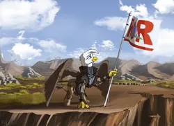Size: 1280x932 | Tagged: safe, artist:lucky dragoness, derpibooru import, oc, unofficial characters only, gryphon, fallout equestria, explicit source, flag, flag waving, ncr, new california republic, new canterlot republic