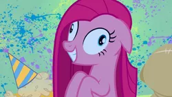 Size: 1280x720 | Tagged: safe, derpibooru import, screencap, madame le flour, pinkie pie, sir lintsalot, pony, party of one, abstract background, deranged, dust bunny, female, grin, hat, mare, party hat, pinkamena diane pie, slasher smile, smiling, wall eyed