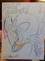 Size: 800x1067 | Tagged: safe, artist:andypriceart, derpibooru import, spike, twilight sparkle, twilight sparkle (alicorn), alicorn, pony, andy you magnificent bastard, beads, eyes closed, female, glare, mardi gras, mare, open mouth, smiling, traditional art, yelling