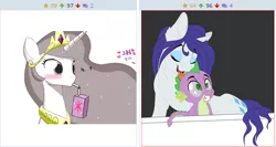 Size: 508x270 | Tagged: suggestive, derpibooru import, princess celestia, rarity, spike, derpibooru, princess molestia, bathtub, exploitable meme, female, implied foalcon, juice box, juxtaposition, juxtaposition win, korean, licking, male, meme, meta, shipping, sparity, straight, wet, wet mane, wet mane rarity