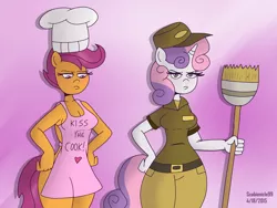 Size: 4000x3000 | Tagged: anthro, apron, artist:scobionicle99, bloom and gloom, broom, clothes, derpibooru import, janitor belle, mop, naked apron, older, scootacook, scootaloo, suggestive, sweetie belle, sweetie belle is not amused