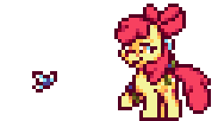 Size: 244x136 | Tagged: safe, artist:mrponiator, derpibooru import, apple bloom, earth pony, pony, twittermite, bloom and gloom, animated, bow, female, filly, hair bow, hoof hold, pest control gear, pixel art, raised hoof, season 5 pixel art, simple background, smiling, smirk, solo, that was fast, transparent background, twitbuster apple bloom