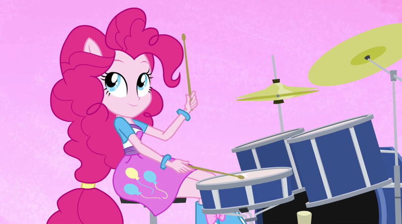 Size: 1280x714 | Tagged: safe, derpibooru import, screencap, pinkie pie, human, equestria girls, rainbow rocks, boots, clothes, cymbals, drum kit, drum set, drums, female, g4, high heel boots, image, jacket, musical instrument, png, ponied up, pony ears, shirt, shoes, skirt, solo, vest